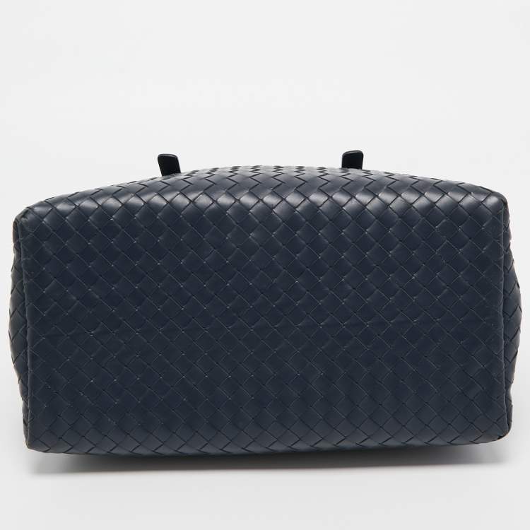 Pre Owned Bottega Veneta Blue Intrecciato Leather Small Roma Tote