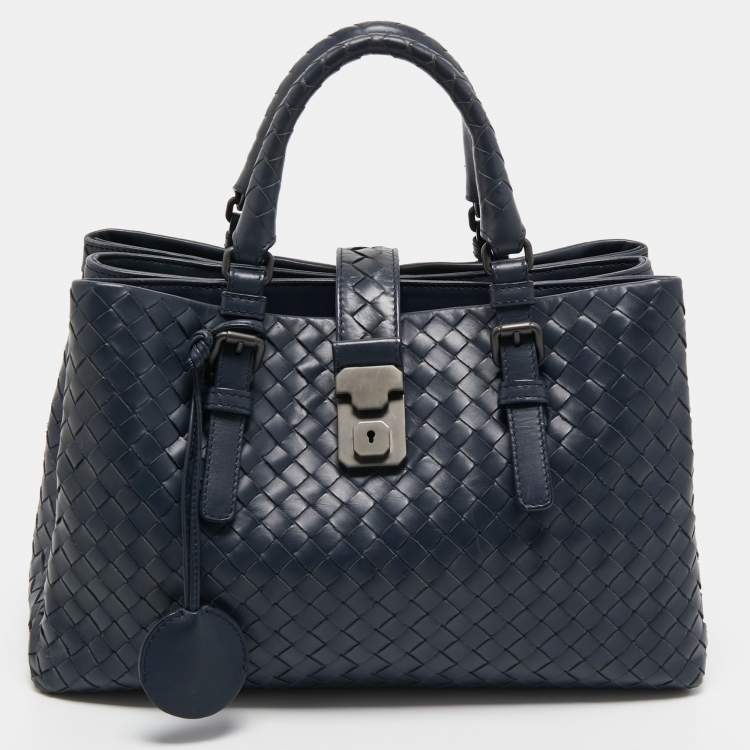 Pre Owned Bottega Veneta Blue Intrecciato Leather Small Roma Tote