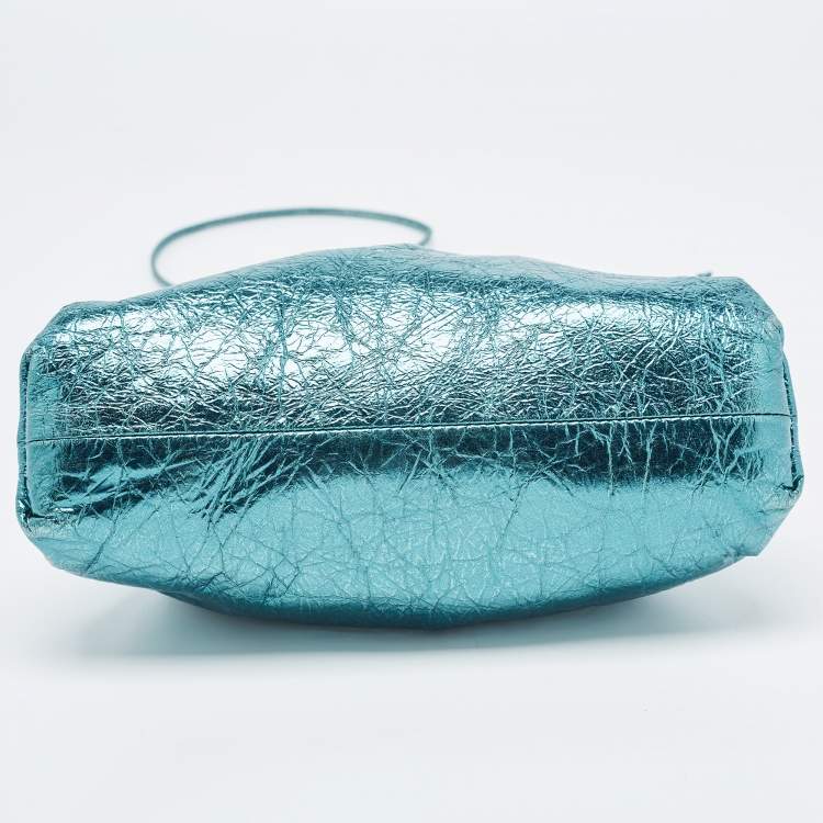 Pre Owned Bottega Veneta Metallic Green Leather Mini Pouch Clutch