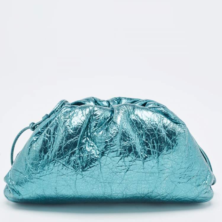 Pre Owned Bottega Veneta Metallic Green Leather Mini Pouch Clutch