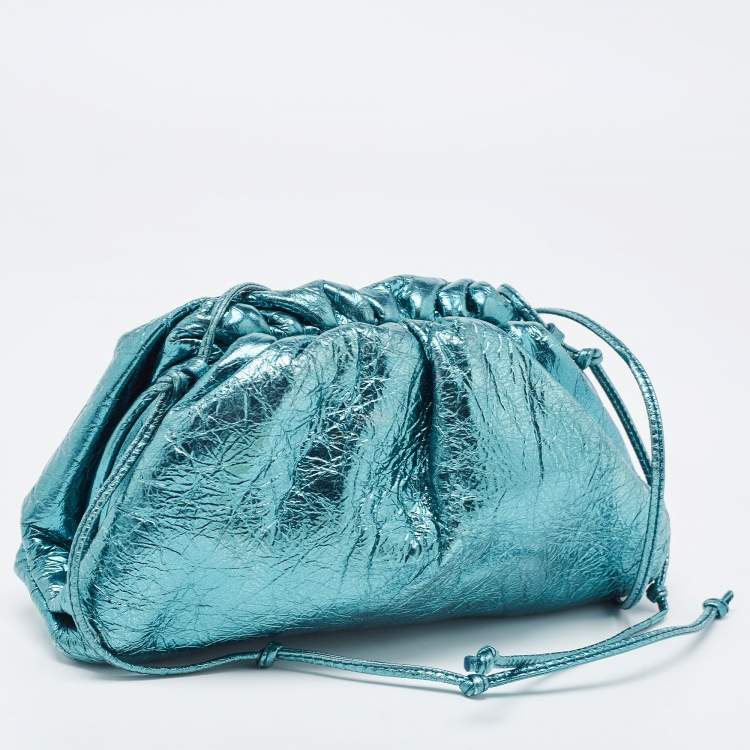 Pre Owned Bottega Veneta Metallic Green Leather Mini Pouch Clutch