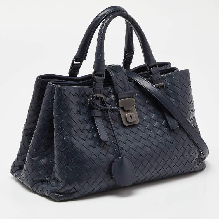 Pre Owned Bottega Veneta Blue Intrecciato Leather Small Roma Tote