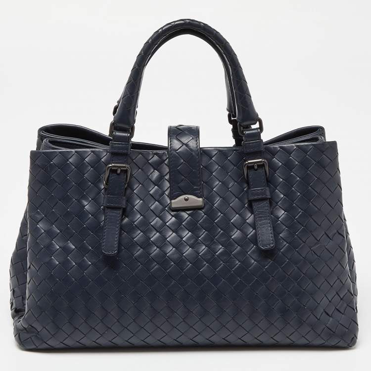 Pre Owned Bottega Veneta Blue Intrecciato Leather Small Roma Tote
