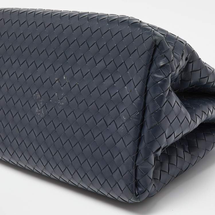 Pre Owned Bottega Veneta Blue Intrecciato Leather Small Roma Tote