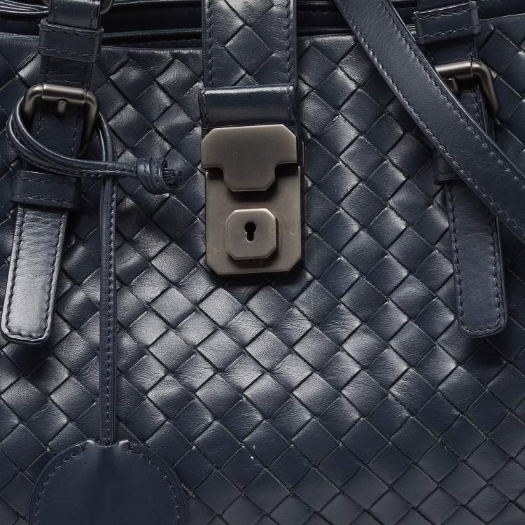 Pre Owned Bottega Veneta Blue Intrecciato Leather Small Roma Tote