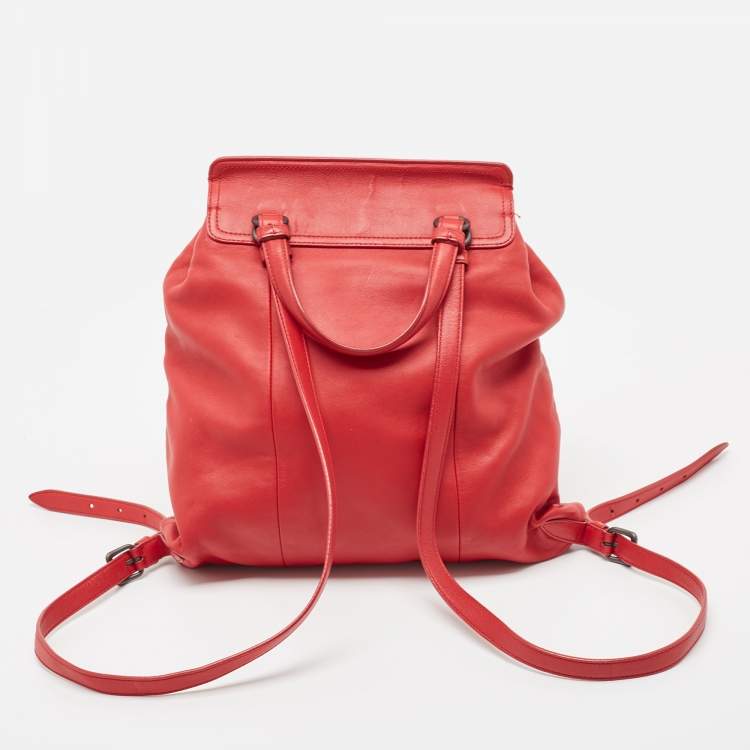 Pre Owned Bottega Veneta Red Leather Intrecciato Flap Drawstring Backpack