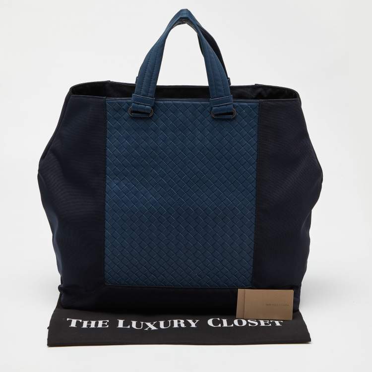 Pre Owned Bottega Veneta Two Tone Blue Intrecciato Leather Tote