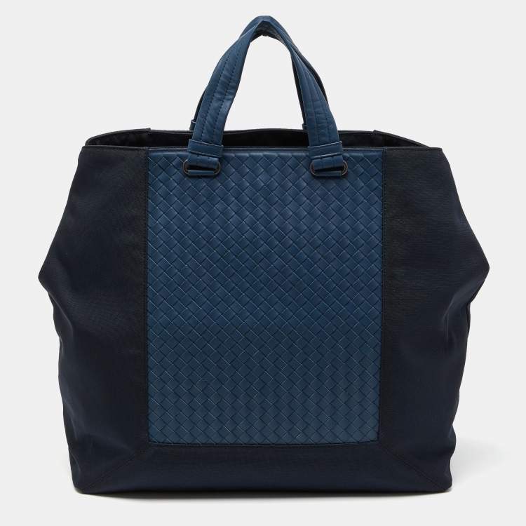 Pre Owned Bottega Veneta Two Tone Blue Intrecciato Leather Tote