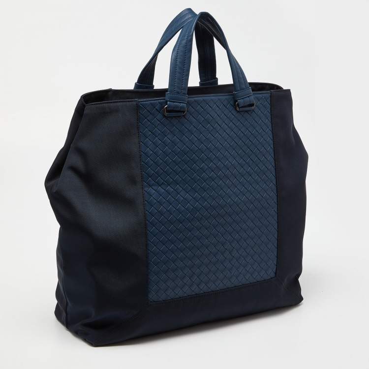 Pre Owned Bottega Veneta Two Tone Blue Intrecciato Leather Tote