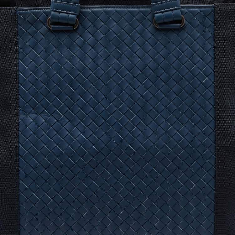 Pre Owned Bottega Veneta Two Tone Blue Intrecciato Leather Tote
