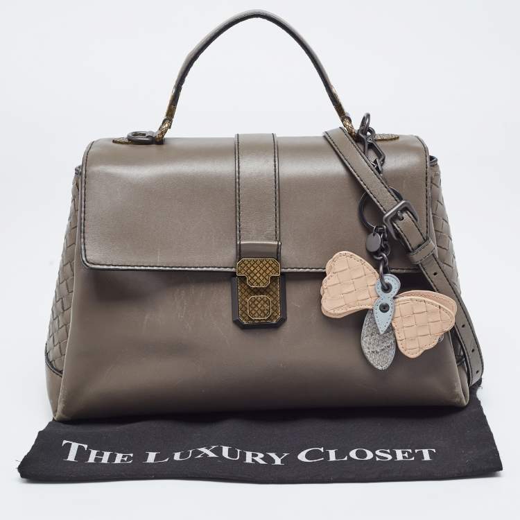 Pre Owned Bottega Veneta Dark Beige Leather Medium Piazza Top Handle Bag