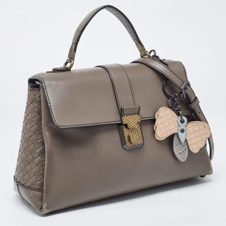 Pre Owned Bottega Veneta Dark Beige Leather Medium Piazza Top Handle Bag