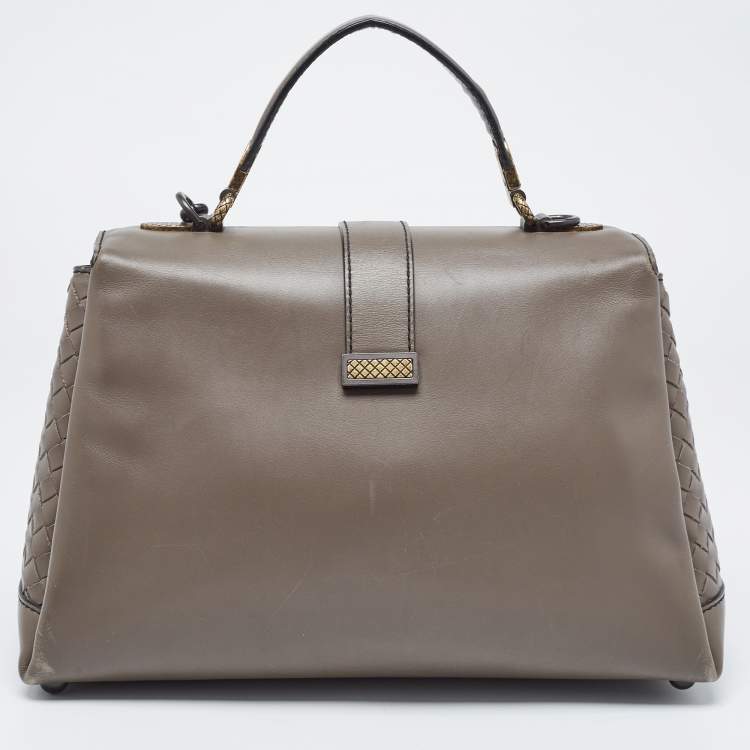 Pre Owned Bottega Veneta Dark Beige Leather Medium Piazza Top Handle Bag