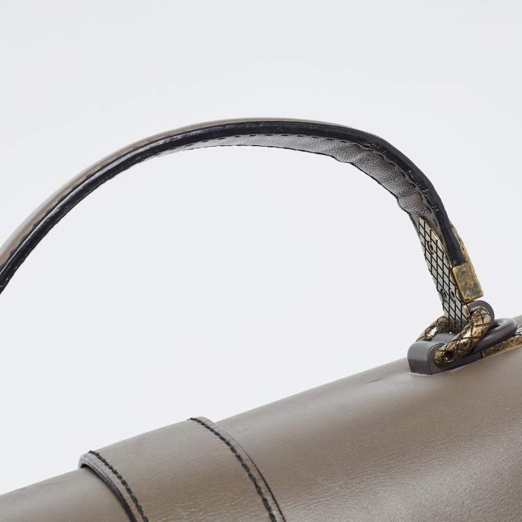 Pre Owned Bottega Veneta Dark Beige Leather Medium Piazza Top Handle Bag