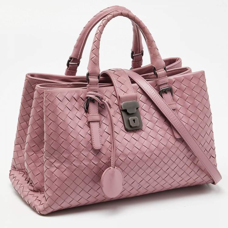 Pre Owned Bottega Veneta Pink Intrecciato Leather Small Roma Tote