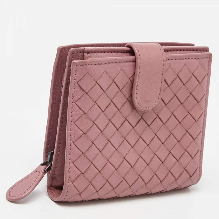 Pre Owned Bottega Veneta Pink Intrecciato Leather French Flap Wallet
