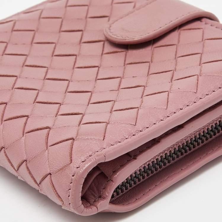 Pre Owned Bottega Veneta Pink Intrecciato Leather French Flap Wallet