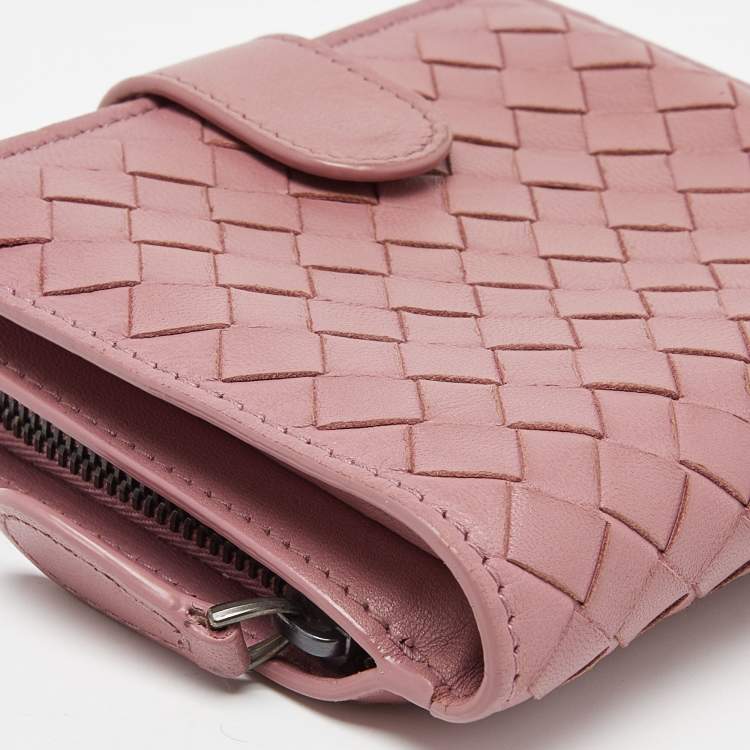 Pre Owned Bottega Veneta Pink Intrecciato Leather French Flap Wallet