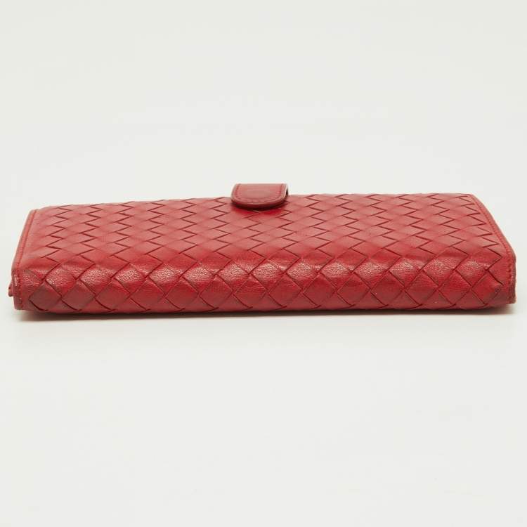 Pre Owned Bottega Veneta Red Intrecciato Leather Flap Continental Wallet