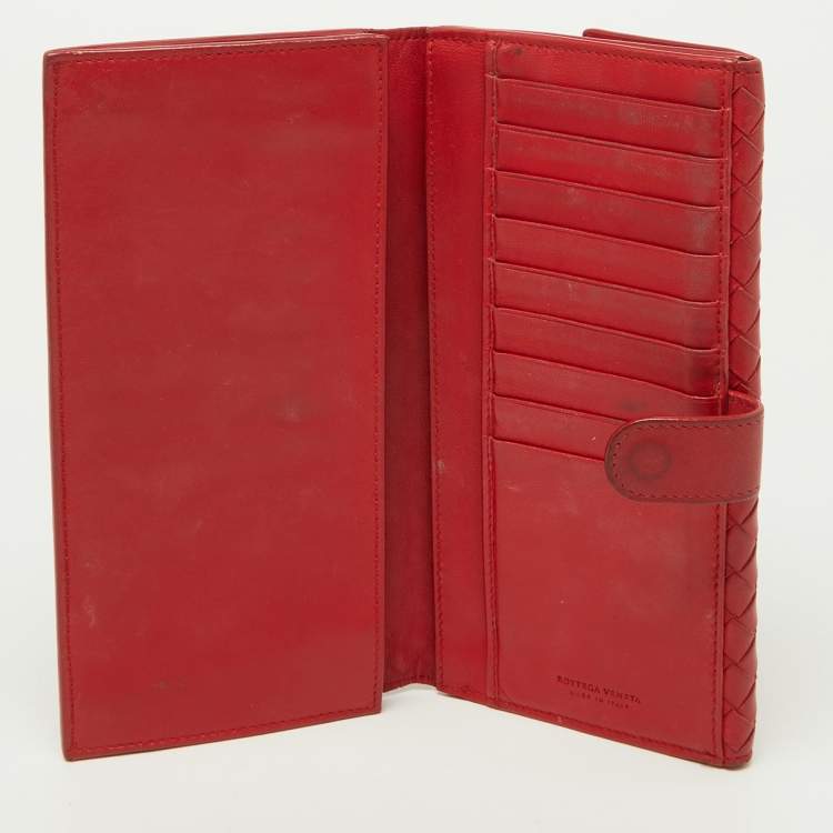 Pre Owned Bottega Veneta Red Intrecciato Leather Flap Continental Wallet