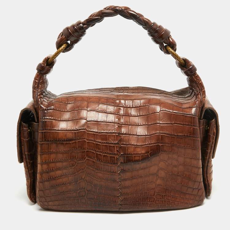 مملوكة مسبقًا Bottega Veneta Brown Crocodile Side Pockets Satchel