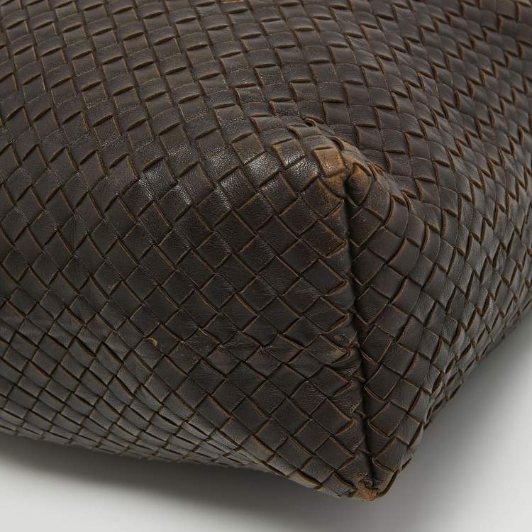 Pre Owned Bottega Veneta Dark Brown Intrecciato Leather Zip Hobo