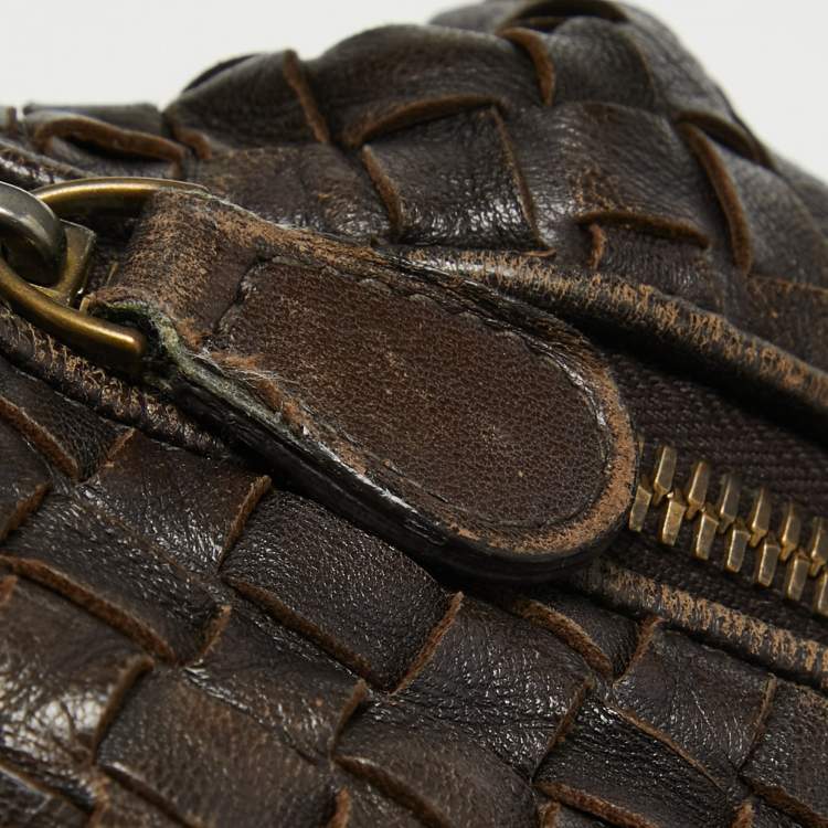 Pre Owned Bottega Veneta Dark Brown Intrecciato Leather Zip Hobo