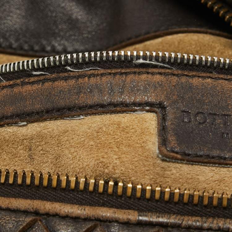 Pre Owned Bottega Veneta Dark Brown Intrecciato Leather Zip Hobo