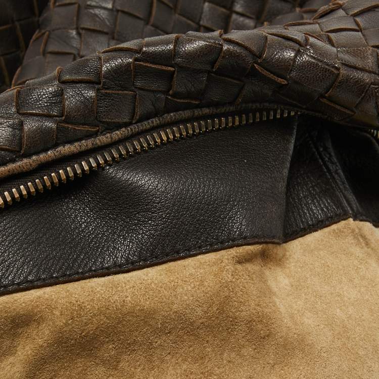 Pre Owned Bottega Veneta Dark Brown Intrecciato Leather Zip Hobo