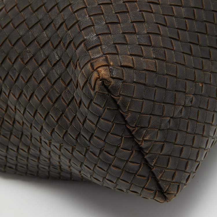 Pre Owned Bottega Veneta Dark Brown Intrecciato Leather Zip Hobo