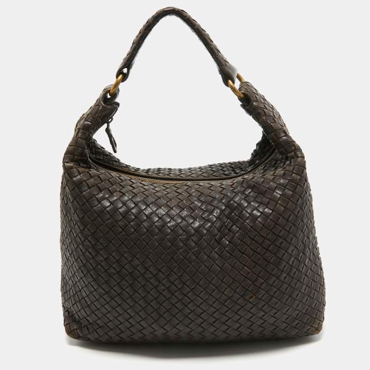 Pre Owned Bottega Veneta Dark Brown Intrecciato Leather Zip Hobo