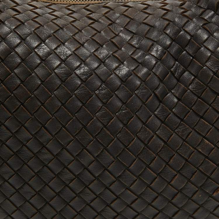 Pre Owned Bottega Veneta Dark Brown Intrecciato Leather Zip Hobo