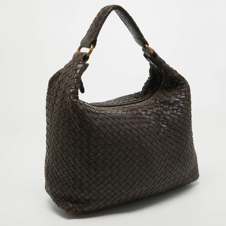 Pre Owned Bottega Veneta Dark Brown Intrecciato Leather Zip Hobo