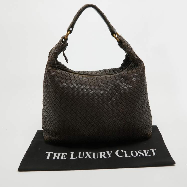 Pre Owned Bottega Veneta Dark Brown Intrecciato Leather Zip Hobo