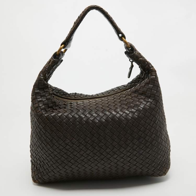 Pre Owned Bottega Veneta Dark Brown Intrecciato Leather Zip Hobo