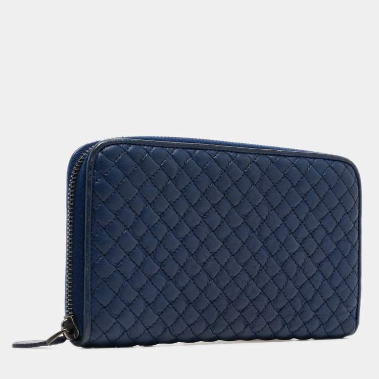 Pre Owned Bottega Veneta Blue Quilted Leather Zip Around Wallet