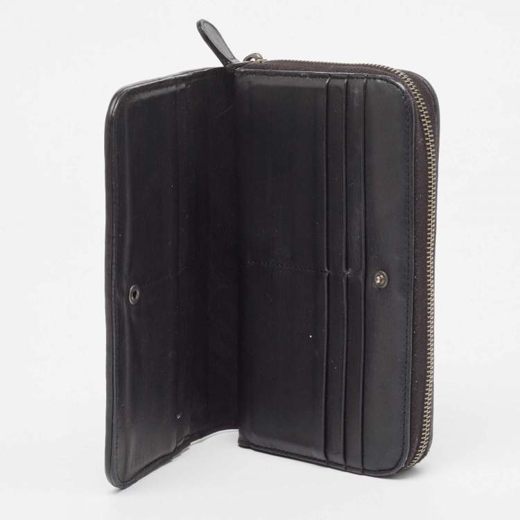 Pre Owned Bottega Veneta Black Intrecciato Leather Zip Around Wallet