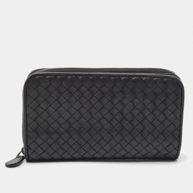 Pre Owned Bottega Veneta Black Intrecciato Leather Zip Around Wallet