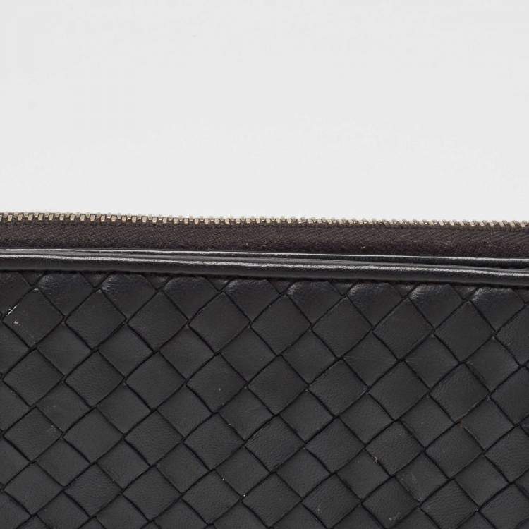 Pre Owned Bottega Veneta Black Intrecciato Leather Zip Around Wallet