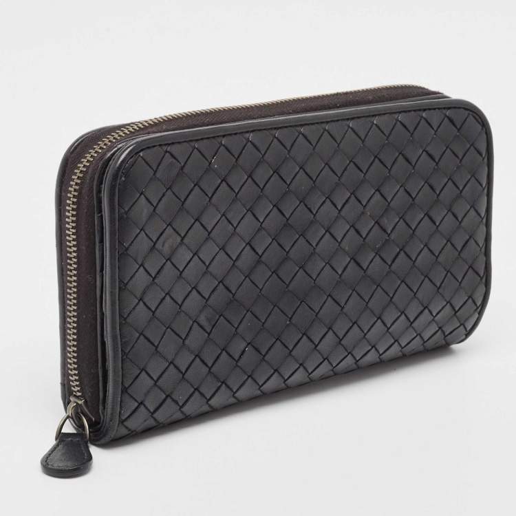 Pre Owned Bottega Veneta Black Intrecciato Leather Zip Around Wallet