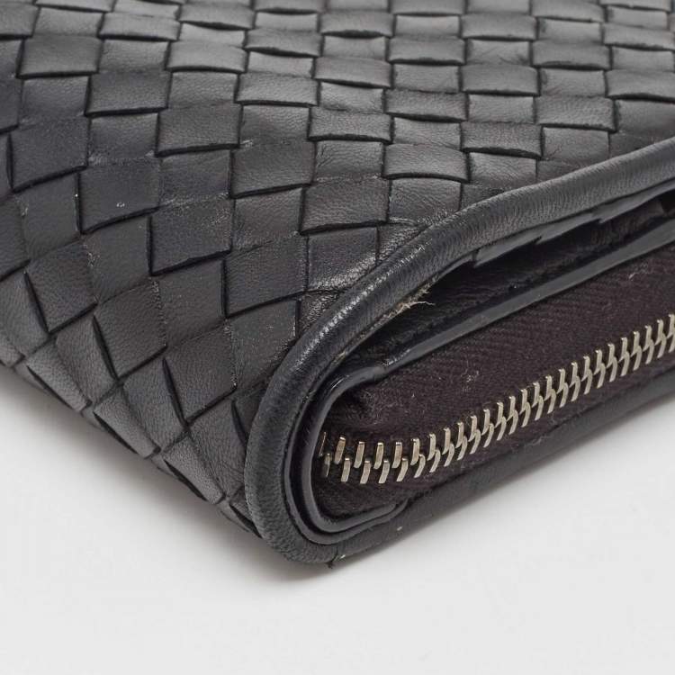 Pre Owned Bottega Veneta Black Intrecciato Leather Zip Around Wallet