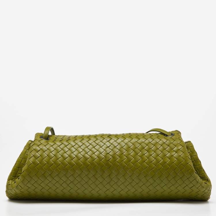 Pre Owned Bottega Veneta Green Intrecciato Leather Drawstring Flap Bag