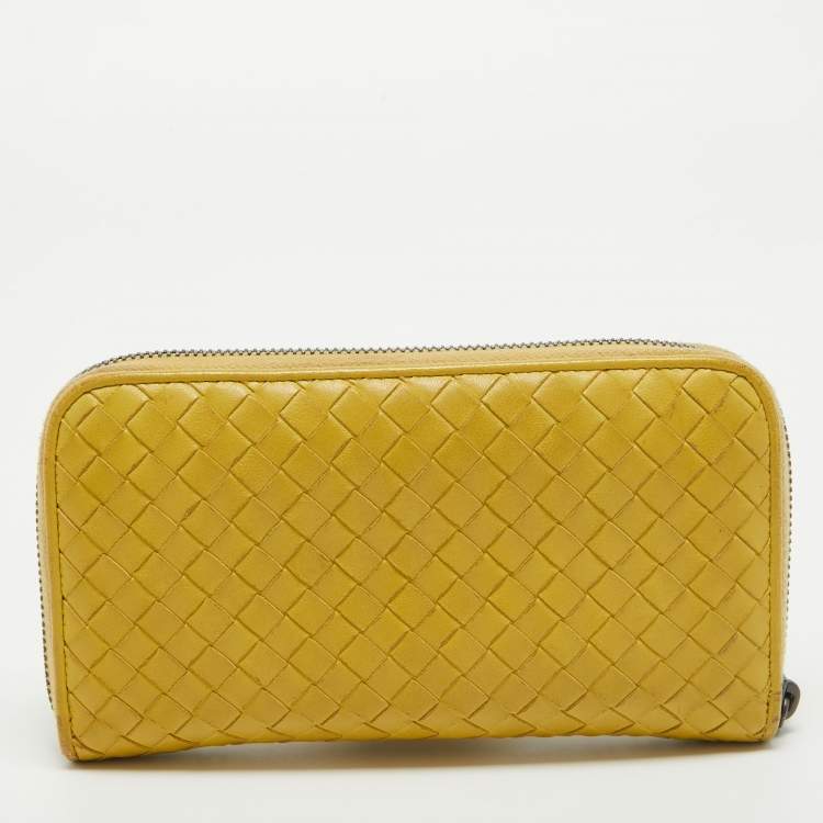 Pre Owned Bottega Veneta Yellow Intrecciato Leather Zip Around Wallet