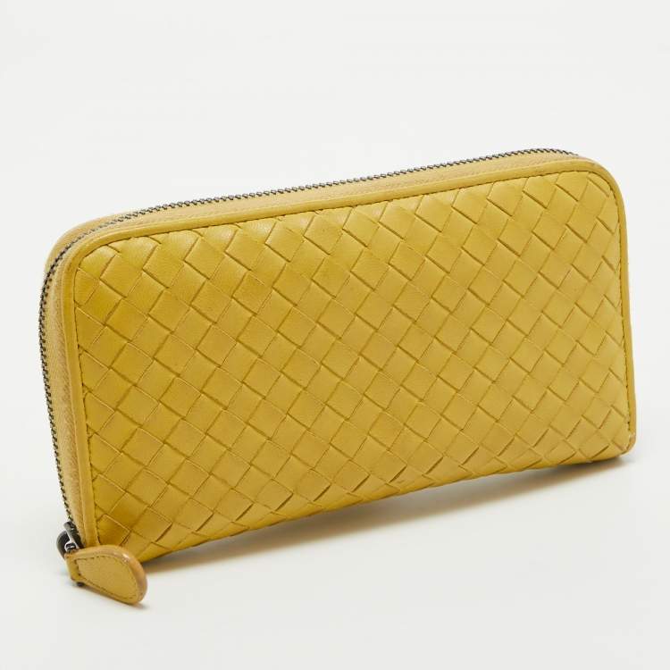 Pre Owned Bottega Veneta Yellow Intrecciato Leather Zip Around Wallet