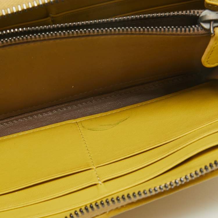 Pre Owned Bottega Veneta Yellow Intrecciato Leather Zip Around Wallet