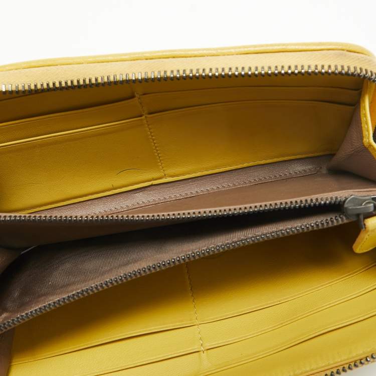 Pre Owned Bottega Veneta Yellow Intrecciato Leather Zip Around Wallet