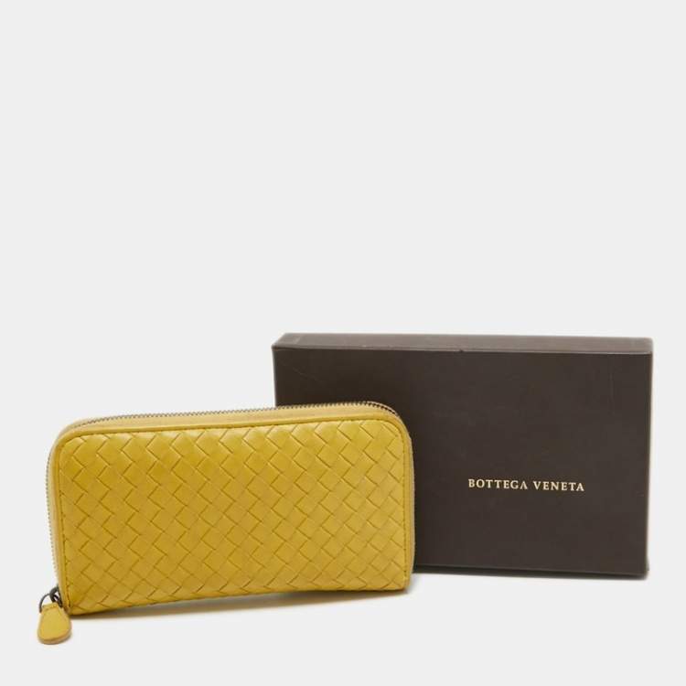Pre Owned Bottega Veneta Yellow Intrecciato Leather Zip Around Wallet