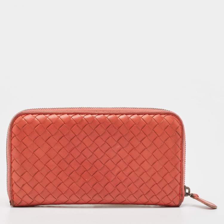 Pre Owned Bottega Veneta Coral Red Intrecciato Leather Zip Around Wallet