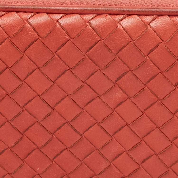 Pre Owned Bottega Veneta Coral Red Intrecciato Leather Zip Around Wallet