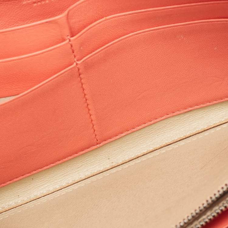 Pre Owned Bottega Veneta Coral Red Intrecciato Leather Zip Around Wallet